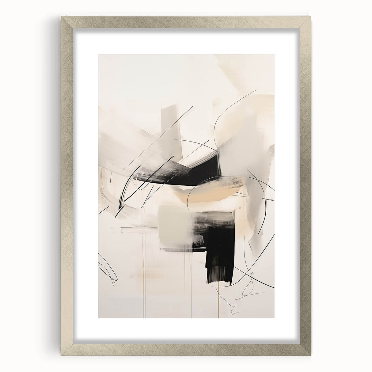 Abstract minimalist wall art design featuring a silver-framed piece with a mat, showcasing clean lines and modern aesthetics, ideal for contemporary decor.