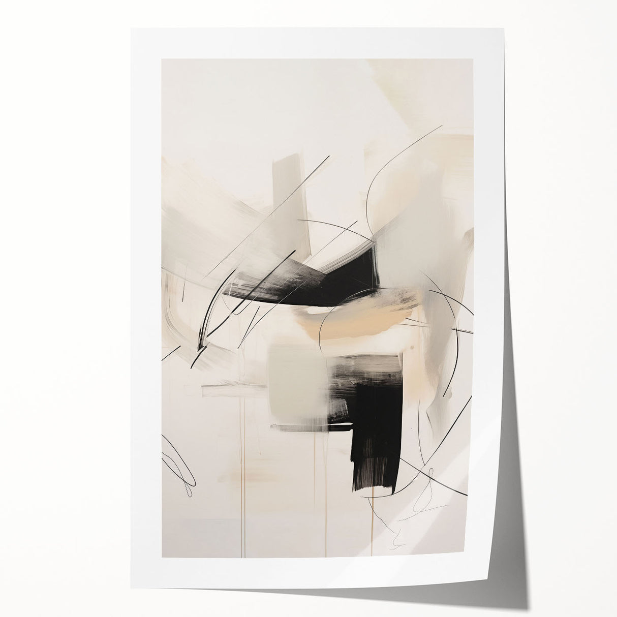 Abstract minimalist wall art print showcasing a blend of soft pastel colors and geometric shapes, ideal for modern home decor or office spaces, rolled and ready for framing.