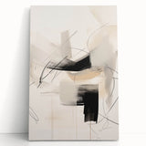 Abstract minimalist wall art design featuring soft pastel colors and geometric shapes, displayed on a stretched canvas leaning against a wall, ideal for modern home decor.