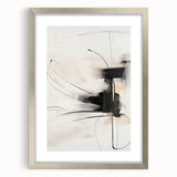 Abstract minimalist wall art framed in silver, showcasing a sleek design with a white mat. Ideal for modern decor, enhancing any living space with elegance.