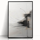 Framed abstract minimalist wall art design showcasing a sleek black frame, featuring soft lines and neutral colors, perfect for modern home decor.