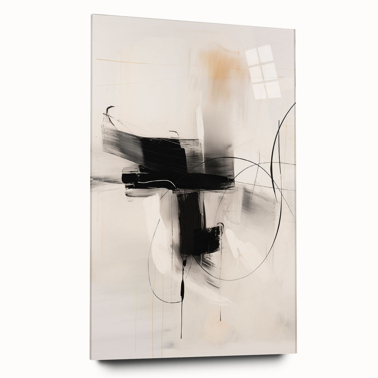 Acrylic glass wall art piece showcasing an abstract minimalist design with soft color gradients, displayed in a modern side view, emphasizing its sleek finish and artistic appeal.