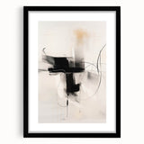 Abstract minimalist wall art collection featuring a framed piece with a sleek black mat, showcasing geometric shapes and soft color tones, ideal for modern decor.