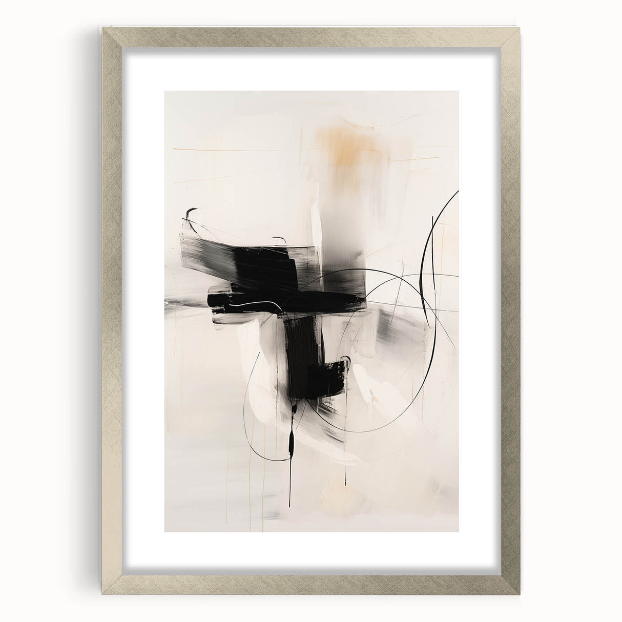 Abstract minimalist wall art design framed in silver, showcasing a modern geometric pattern with a white mat, perfect for contemporary home decor.