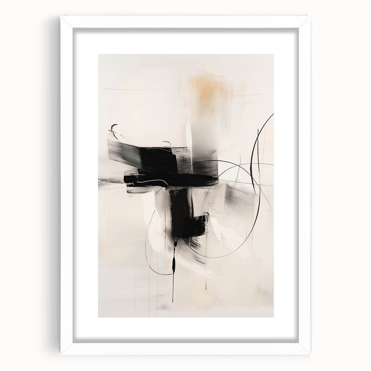 Minimalist abstract wall art design featuring a white frame and mat, showcasing geometric shapes and soft pastel colors, perfect for modern decor.