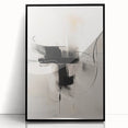 Framed abstract minimalist wall art featuring a black design with clean lines, elegantly displayed against a neutral backdrop, ideal for modern decor.