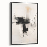 Framed canvas artwork showcasing an abstract minimalist design with a black frame, emphasizing sleek lines and geometric shapes, ideal for modern interior decor.