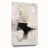 Abstract minimalist wall art collection displayed in an acrylic glass frame, showcasing a vibrant geometric design with subtle colors. Ideal for modern home decor, this side view image emphasizes the sleek pins holding the artwork in place.