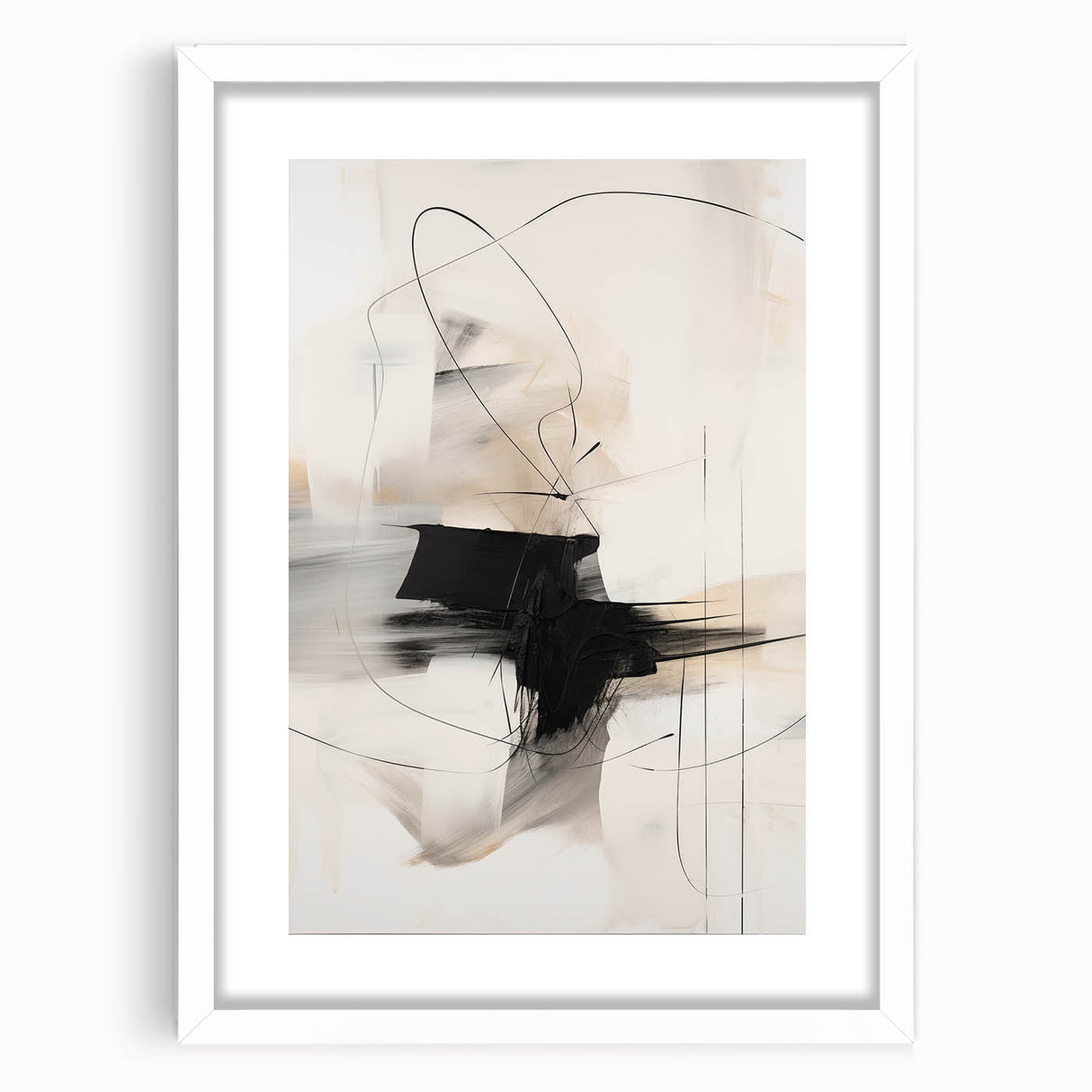 Abstract minimalist wall art design framed with a white mat, showcasing a geometric pattern in soft pastel colors, ideal for modern home decor.