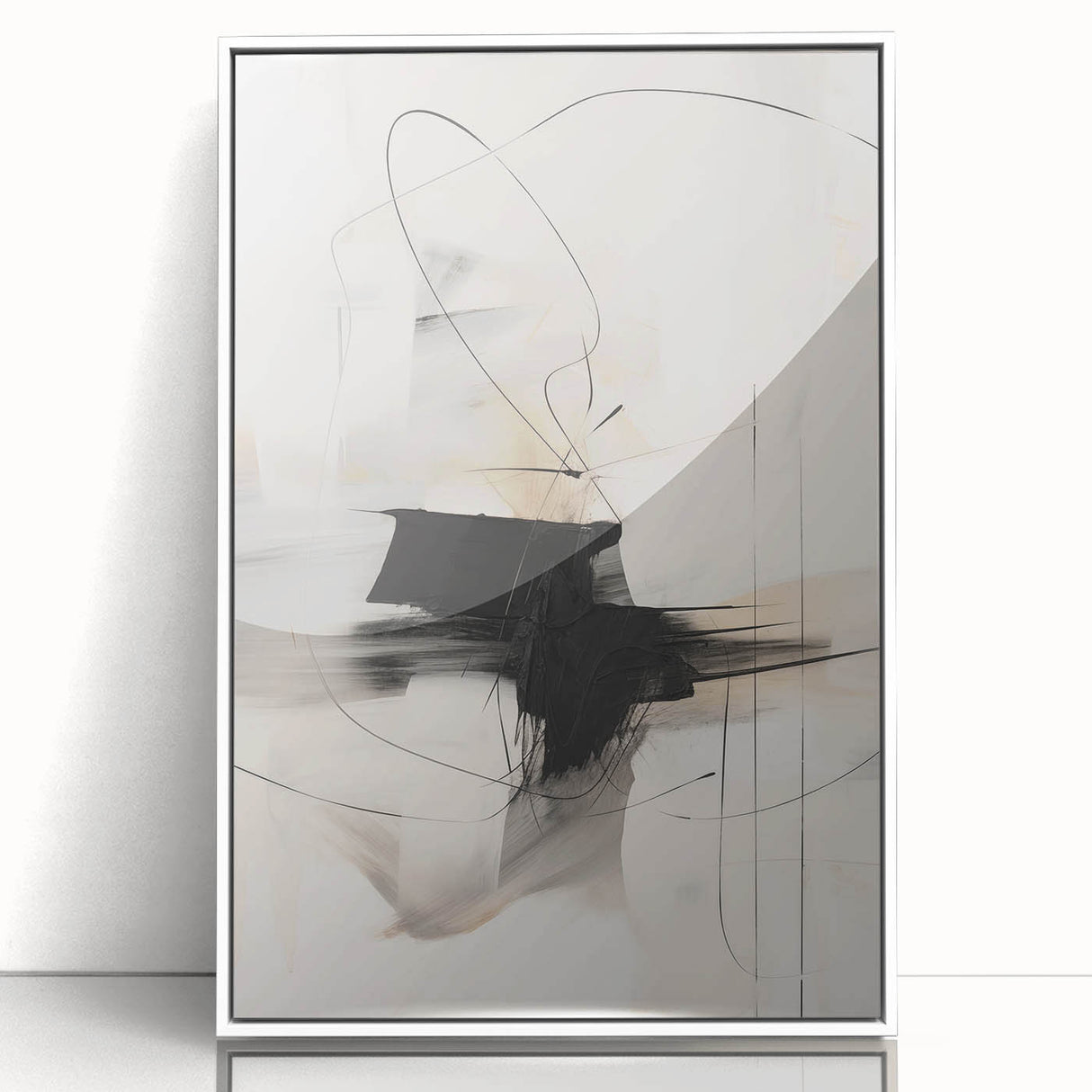 Framed abstract minimalist wall art featuring a sleek white border, showcasing a contemporary design with soft neutral tones, perfect for modern home decor.