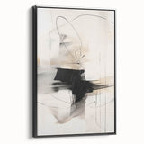 Framed wall art showcasing an abstract minimalist design with geometric shapes in black and gray tones, viewed from the side, ideal for modern decor.