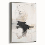 Framed abstract minimalist wall art featuring a silver border, showcasing soft, muted colors and geometric shapes, ideal for modern home decor.