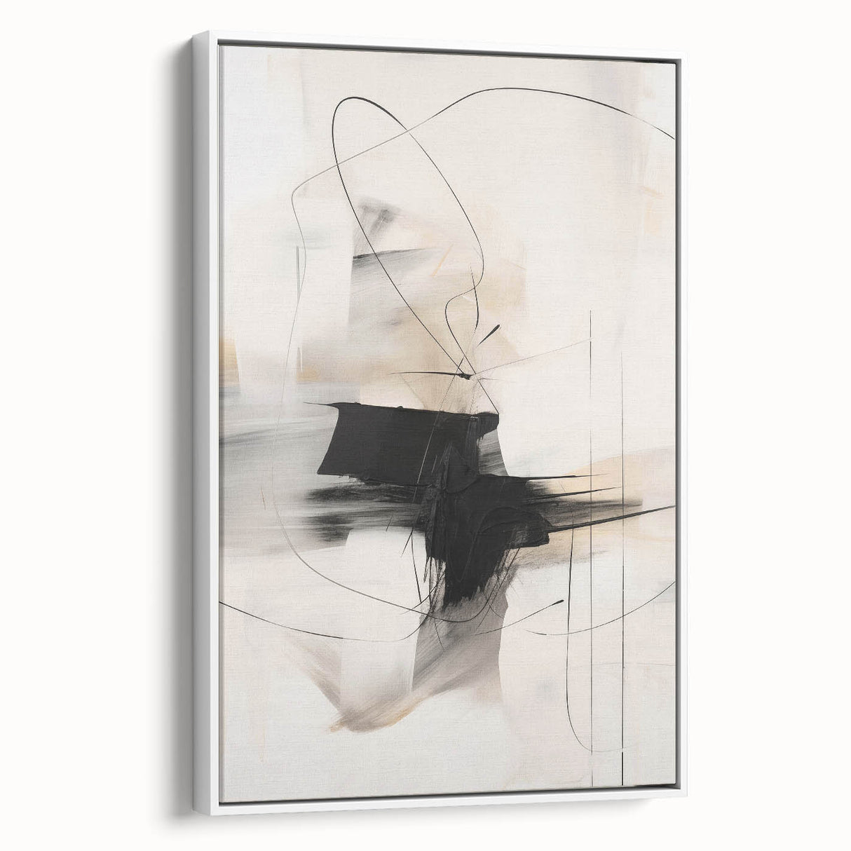 Framed abstract minimalist wall art in a white frame, showcasing an elegant design with soft colors and clean lines, perfect for modern home decor.