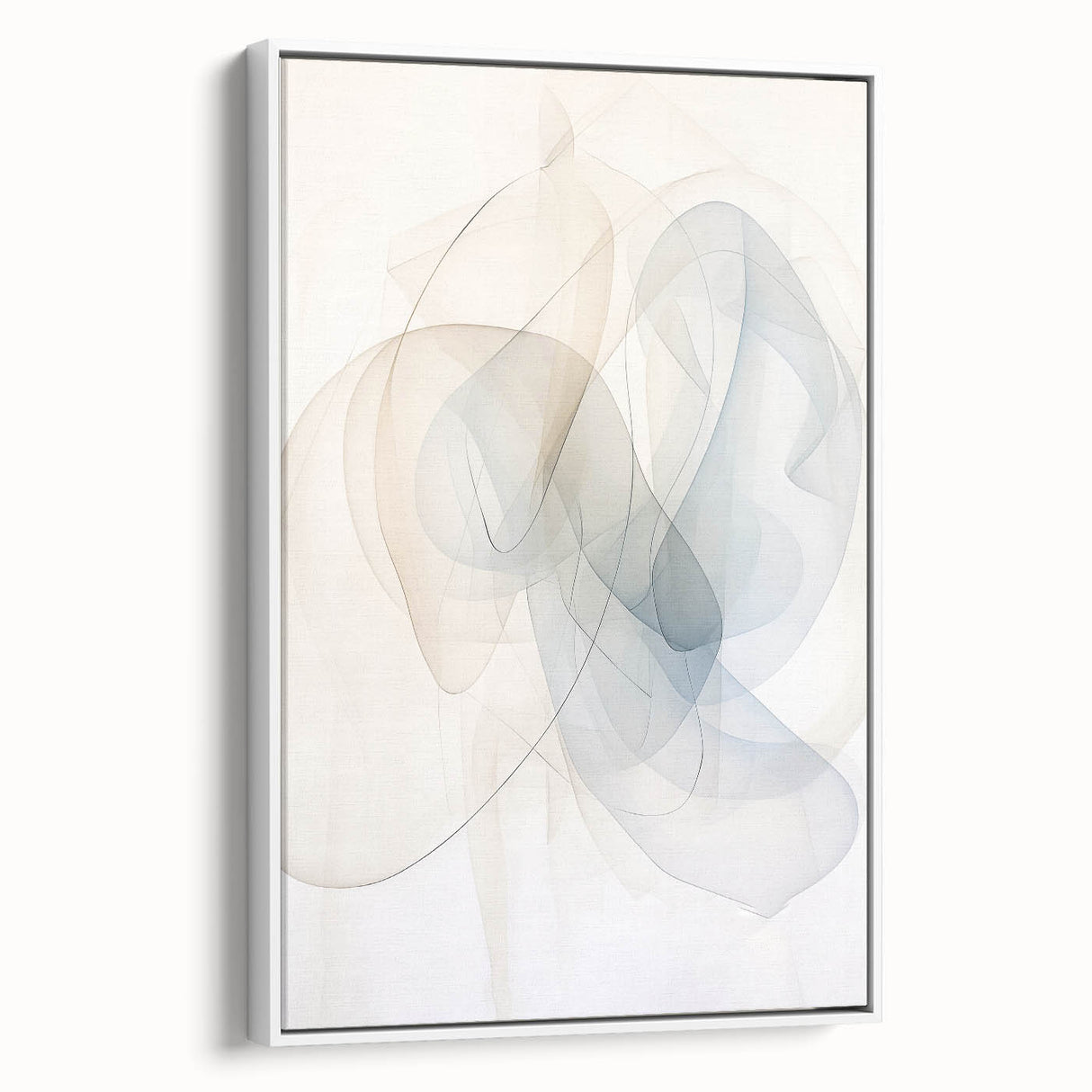 Framed minimalist abstract wall art featuring a white canvas with geometric shapes and soft tones, elegantly displayed from a side view, perfect for modern decor.