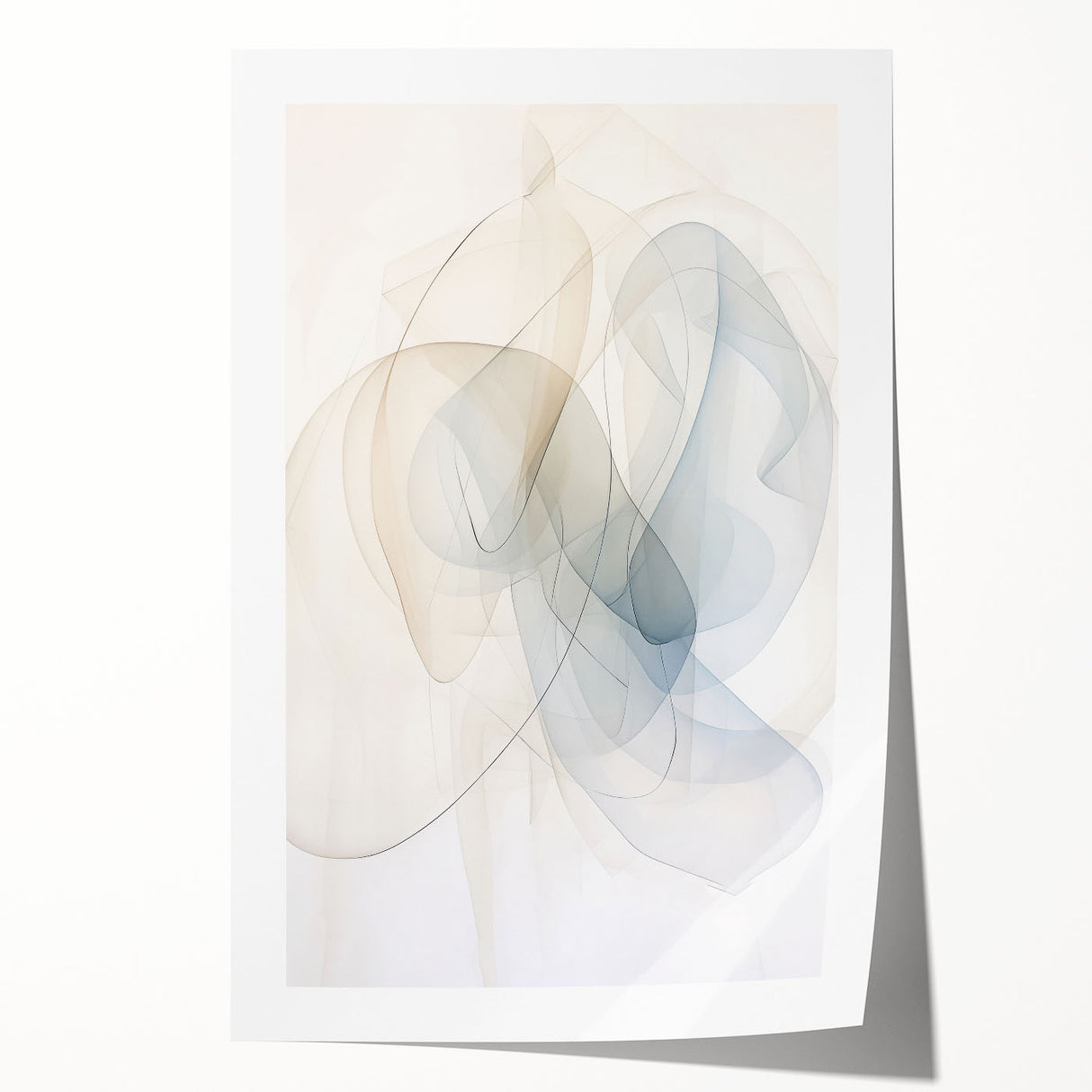 Abstract minimalist wall art print showcasing geometric shapes in soft pastel colors, rolled and ready for framing, ideal for modern home decor.