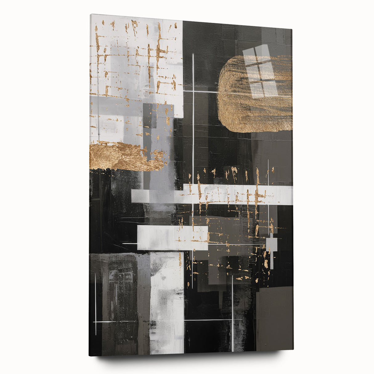 Abstract modern wall art piece displayed in acrylic glass; features vibrant colors and geometric shapes, perfect for contemporary decor.