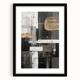 Abstract modern wall art featuring a black frame and mat, showcasing vibrant colors and geometric patterns, perfect for contemporary decor.