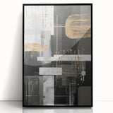 Framed abstract modern wall art featuring a sleek black design with geometric shapes, perfect for contemporary home decor.