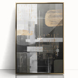 Framed abstract modern wall art featuring a gold-accented design on acrylic, showcasing elegant shapes and colors for contemporary decor.