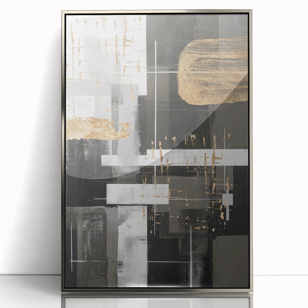 Framed abstract modern wall art featuring a sleek silver design with geometric patterns, perfect for contemporary home decor.