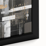 Close-up of a framed abstract modern wall art piece showcasing vibrant colors and dynamic shapes, ideal for contemporary home decor.