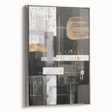 Framed abstract modern wall art in silver, showcasing a geometric design with soft curves and vibrant colors, adding elegance to any decor.