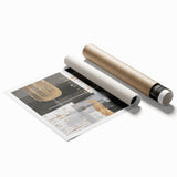 Abstract modern wall art print showcasing vibrant colors and geometric shapes on a rolled canvas, ideal for contemporary home decor.