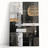 Abstract modern art canvas featuring a vibrant geometric design in shades of blue, orange, and yellow, perfect for contemporary home decor.