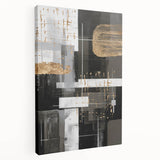 Abstract modern wall art collection displayed on stretched canvas, showcasing vibrant colors and dynamic shapes in a stylish side view.