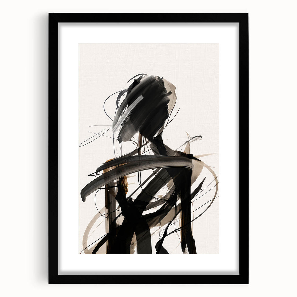 Framed abstract modern wall art collection showcasing a sleek black frame and mat, featuring vibrant colors and geometric designs, ideal for contemporary decor.