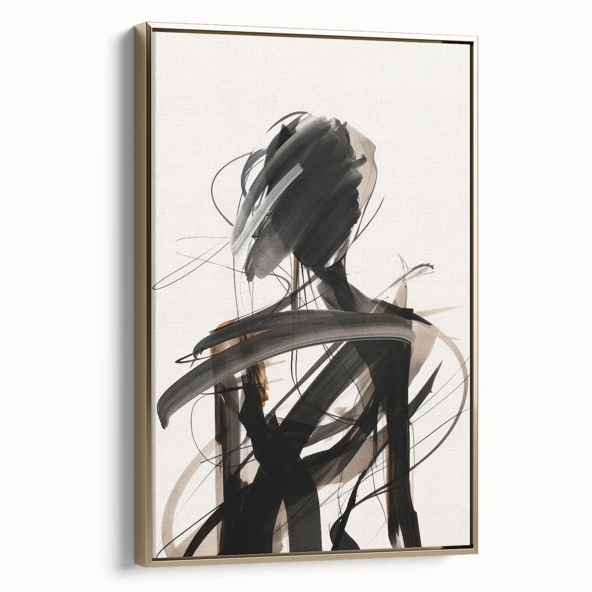 Framed abstract modern wall art showcasing a geometric design in gold tones, perfect for enhancing contemporary home decor.