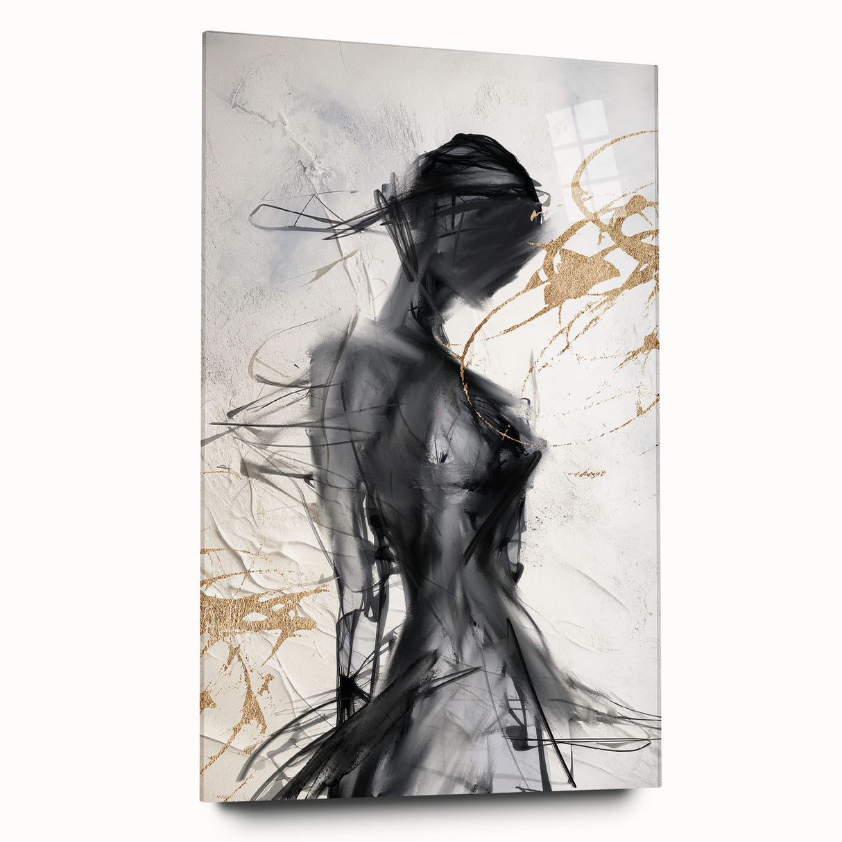 Abstract modern wall art collection displayed in an acrylic glass frame, showcasing vibrant colors and dynamic shapes against a neutral background.