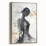 Framed abstract wall art showcasing modern geometric patterns in gold and black, adding a touch of elegance to contemporary decor.