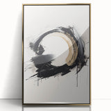 Framed abstract modern wall art print featuring a gold acrylic design, showcasing sleek lines and elegant shapes against a white background.