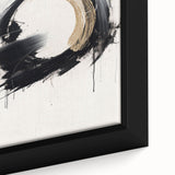 Close-up of a modern abstract wall art canvas featuring vibrant colors and geometric shapes, framed in a sleek black frame for contemporary decor.