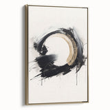 Framed abstract modern wall art featuring a gold and black design, showcasing elegant curves and textures, perfect for contemporary decor.