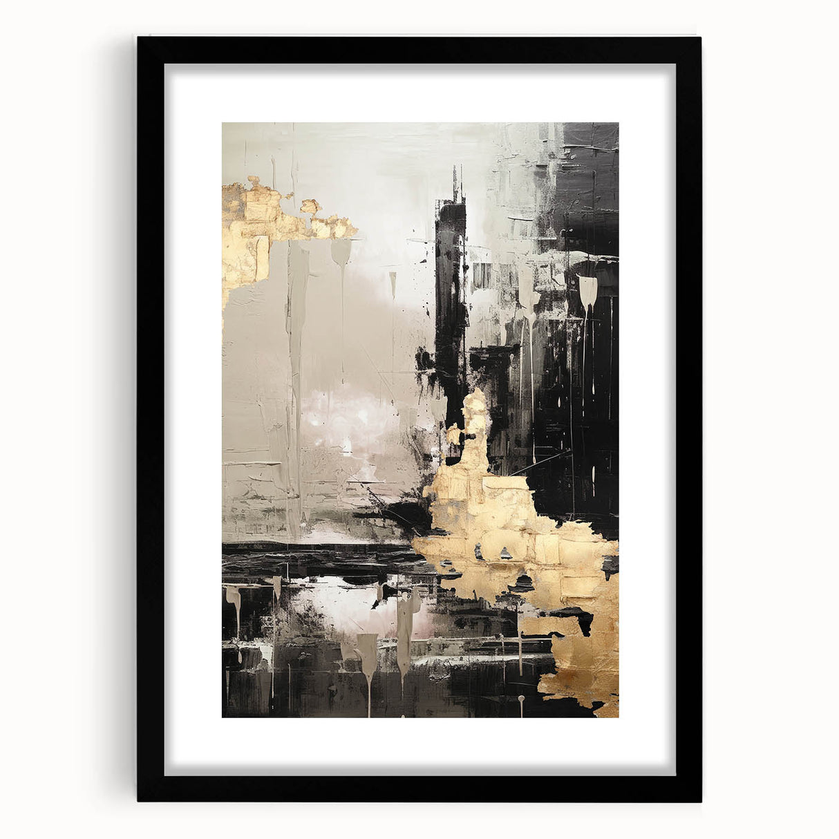 Abstract modern wall art collection featuring a black-framed design with a mat, showcasing vibrant colors and unique patterns, ideal for contemporary decor.