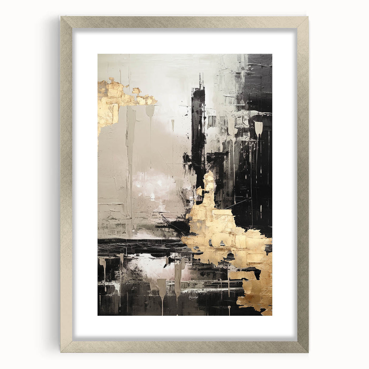 Abstract modern wall art collection featuring a silver-framed print with a mat, showcasing vibrant geometric shapes and colors, perfect for contemporary decor.