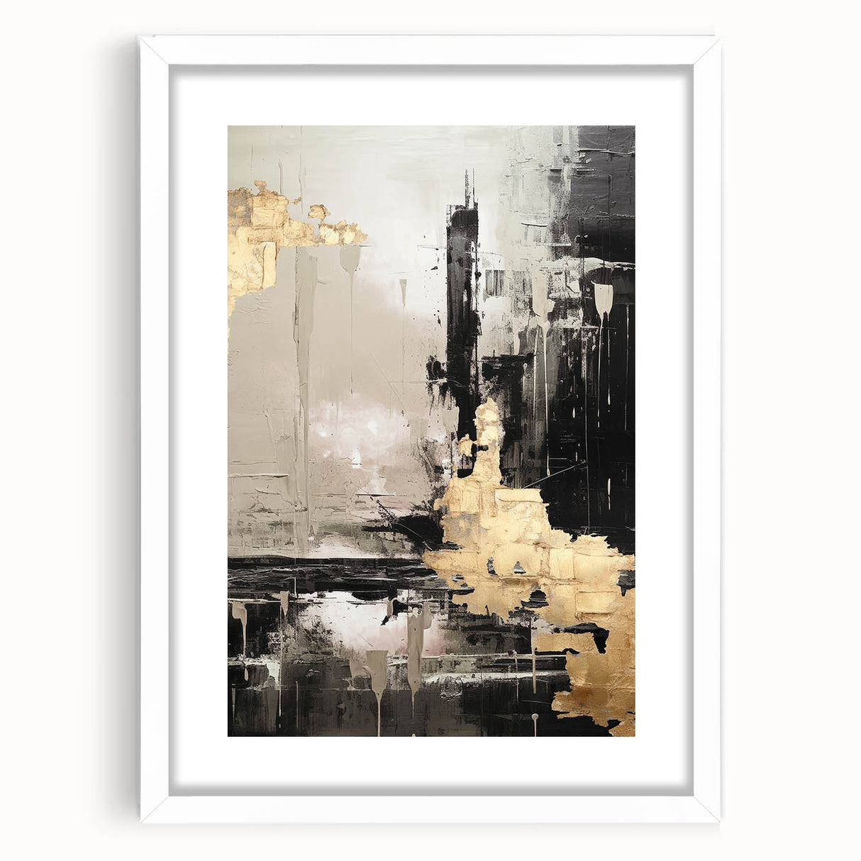 Framed abstract modern wall art collection showcasing vibrant geometric shapes in a sleek white frame, perfect for contemporary decor.