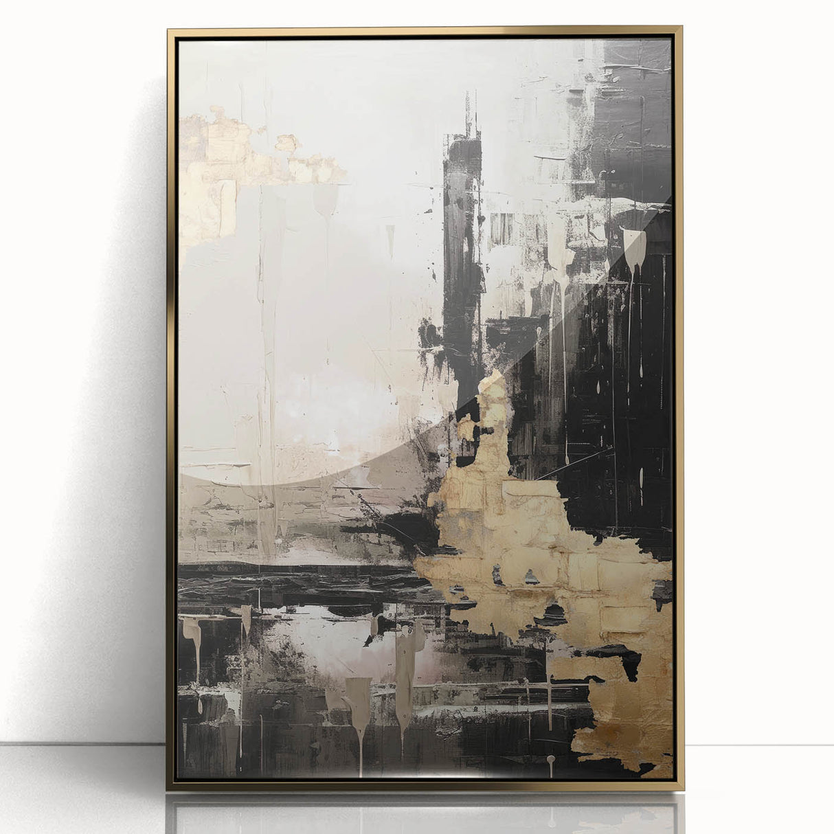 Framed abstract modern wall art featuring a dynamic gold design with a sleek acrylic front, perfect for contemporary home decor.
