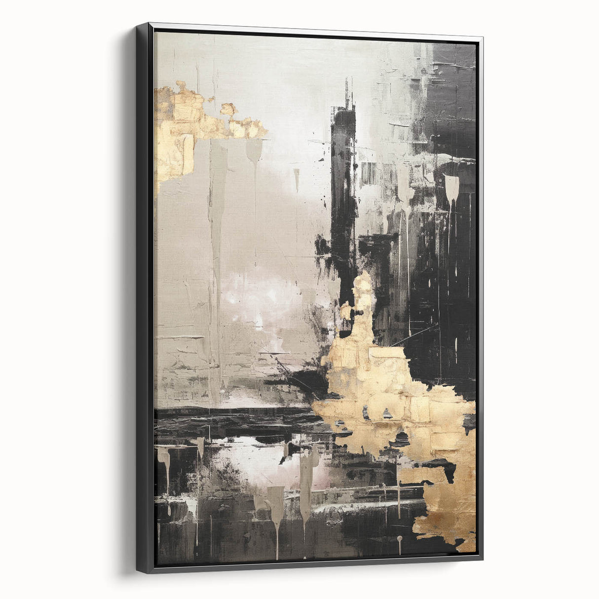 Framed abstract modern wall art featuring vibrant geometric shapes in bold colors, displayed against a sleek black backdrop, emphasizing contemporary design.