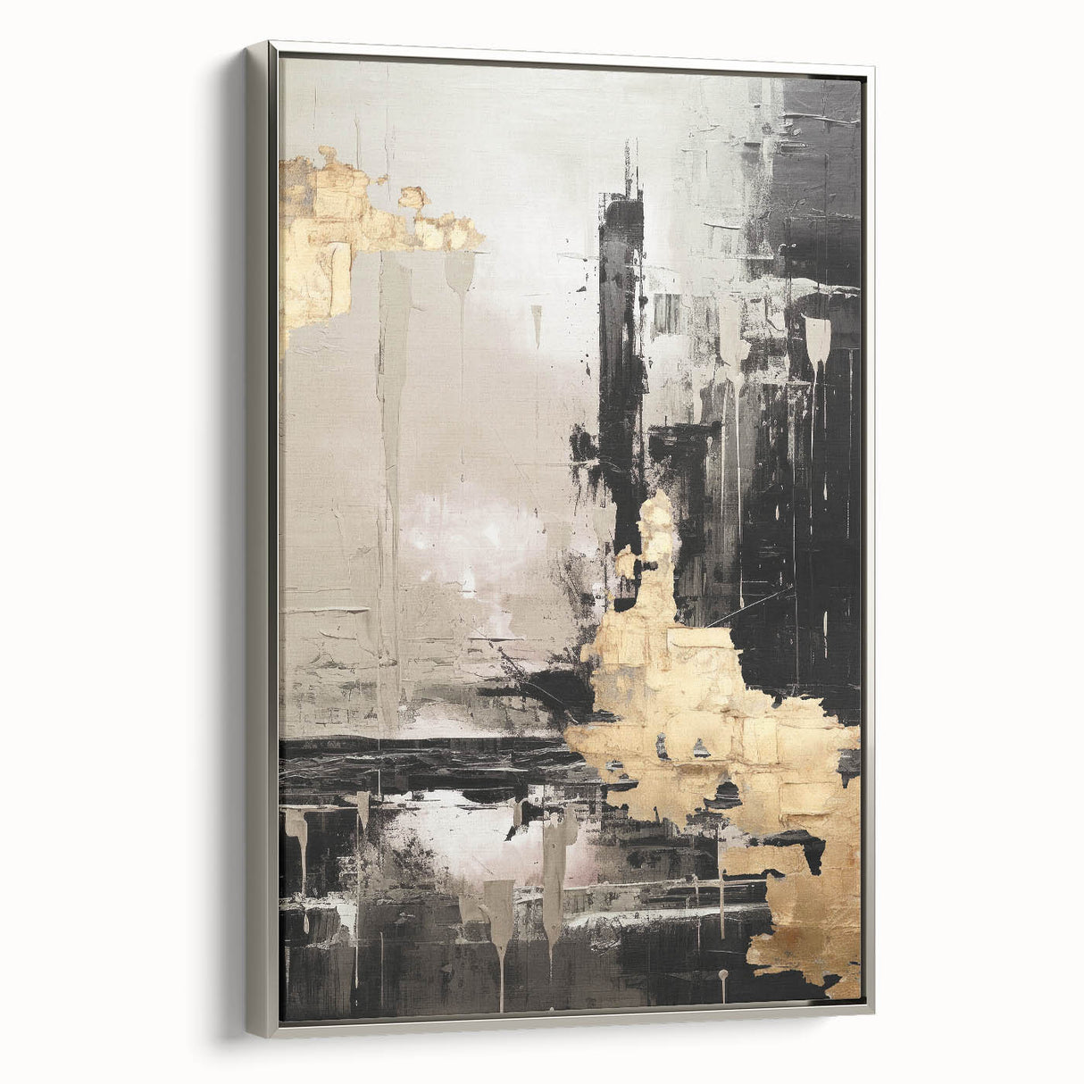Framed abstract modern wall art featuring a sleek silver frame, showcasing vibrant geometric patterns in rich colors, perfect for contemporary decor.
