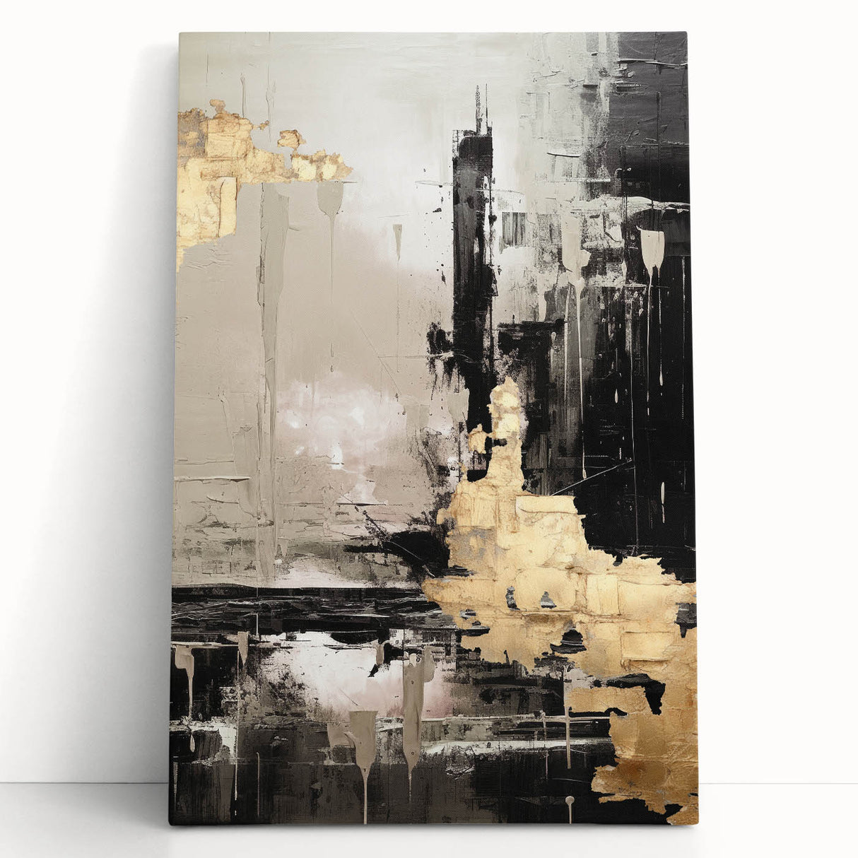 Abstract modern design wall art collection displayed on a wooden surface, featuring vibrant colors and geometric patterns on stretched canvas.