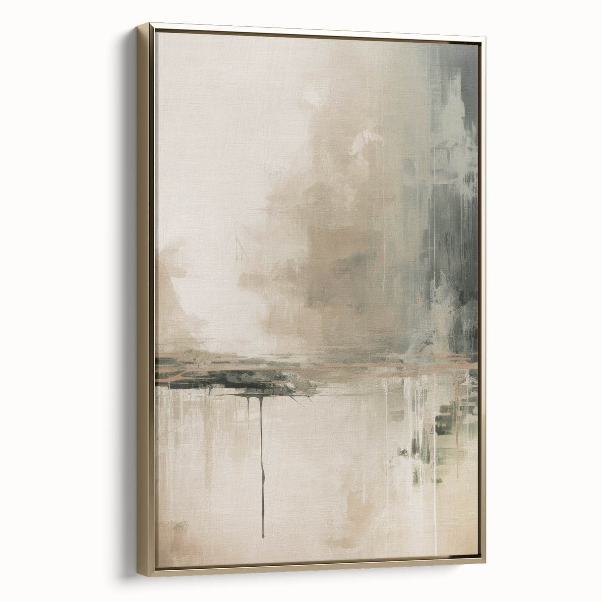 Framed abstract modern wall art in gold tones, showcasing a dynamic geometric design with a sleek profile, perfect for contemporary decor.