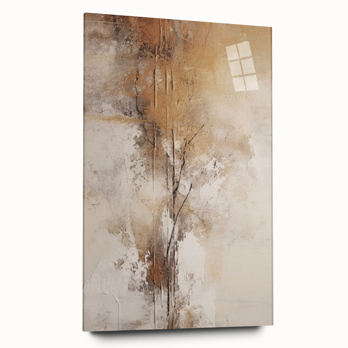 Abstract modern wall art collection displayed in a sleek acrylic glass frame, showcasing vibrant colors and geometric patterns in a side view, ideal for contemporary decor.