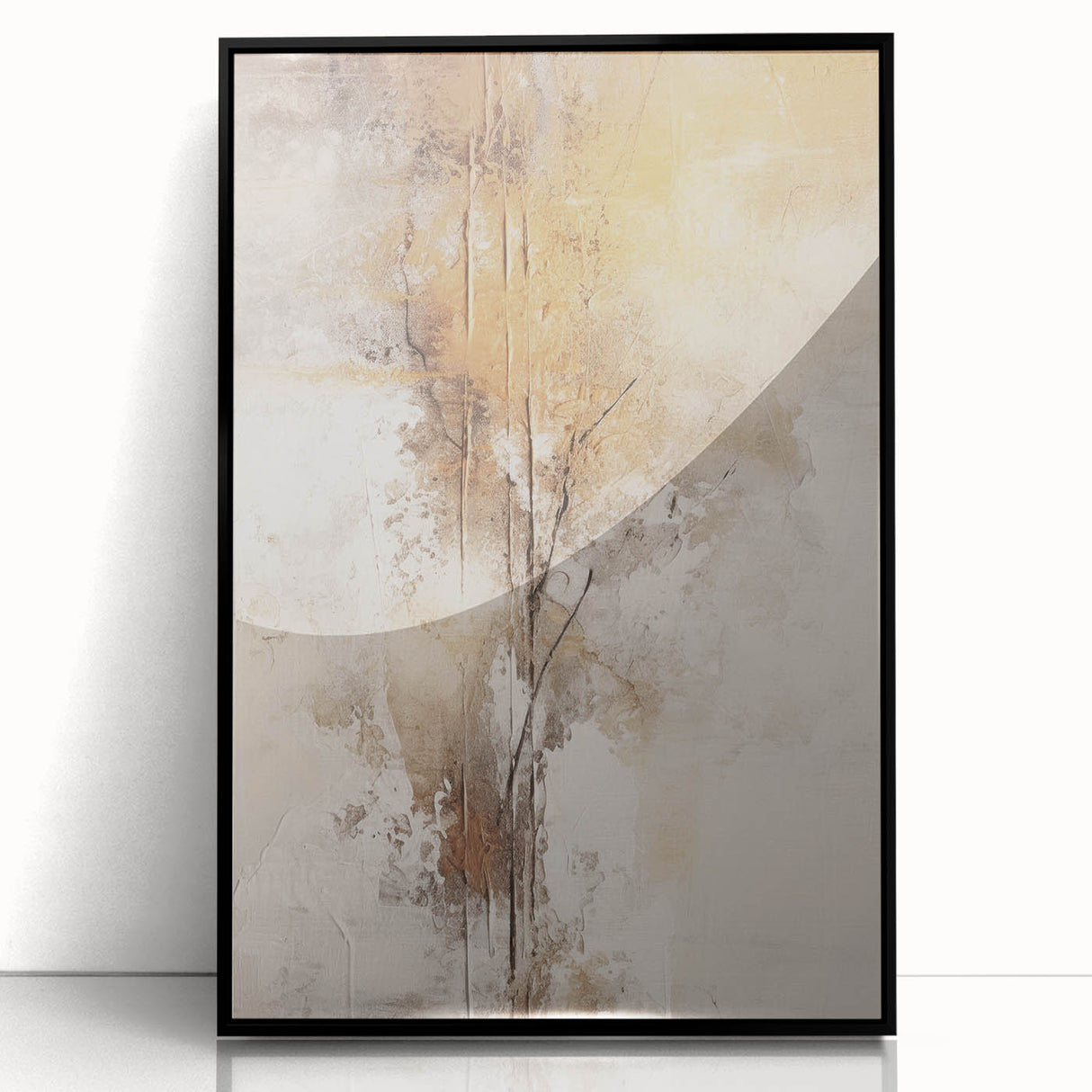 Framed abstract modern wall art collection showcasing bold colors and geometric shapes, presented in a sleek black frame for contemporary decor.