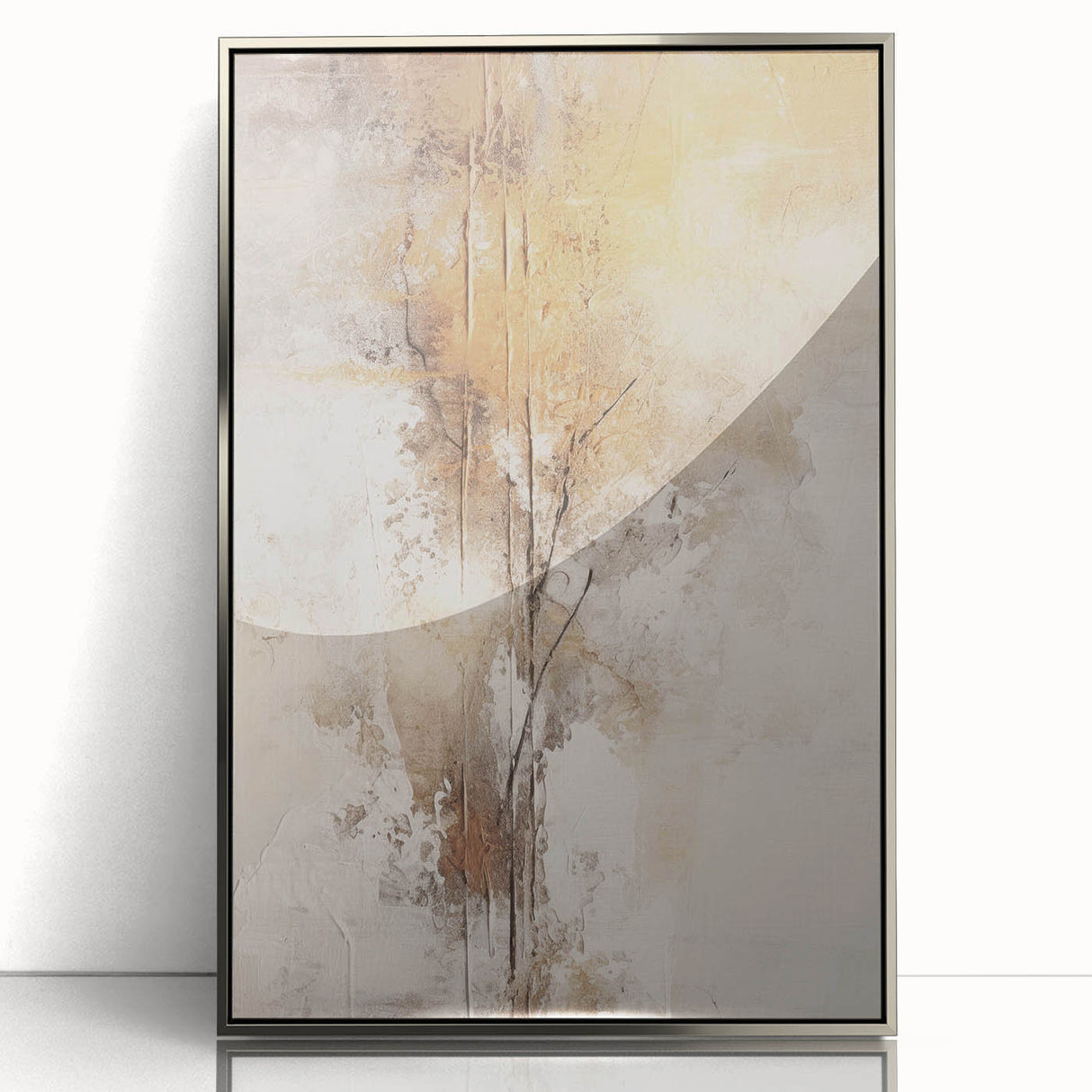 Framed modern abstract wall art collection in silver acrylic, showcasing vibrant geometric shapes and colors, perfect for contemporary decor.