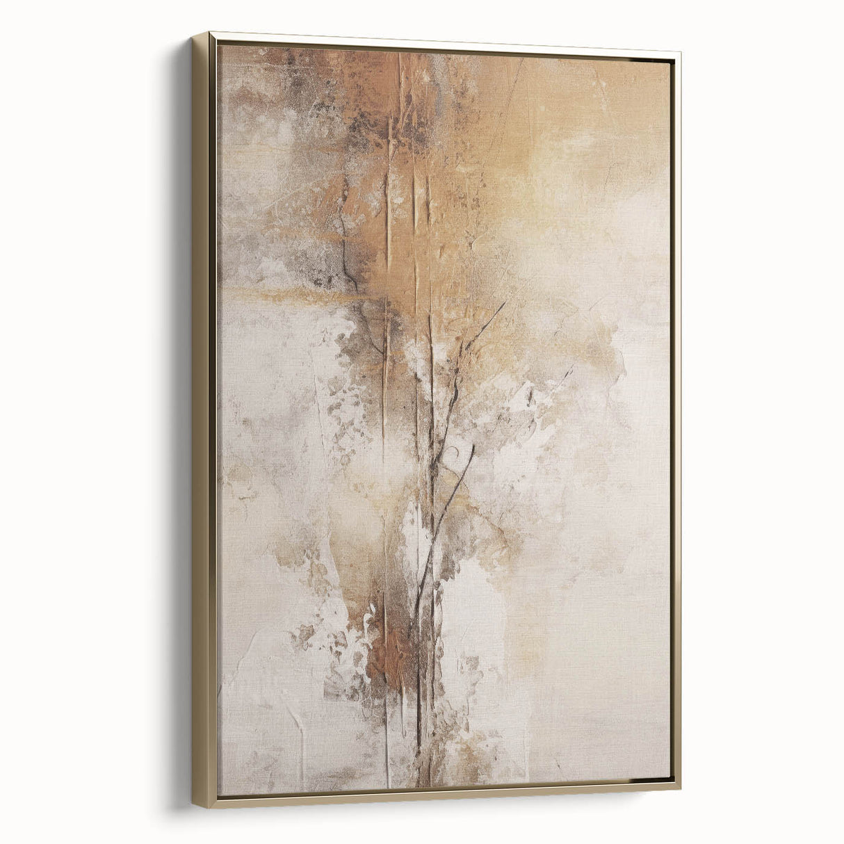 Framed abstract modern wall art collection showcasing gold and black geometric patterns, adding elegance to contemporary interiors.