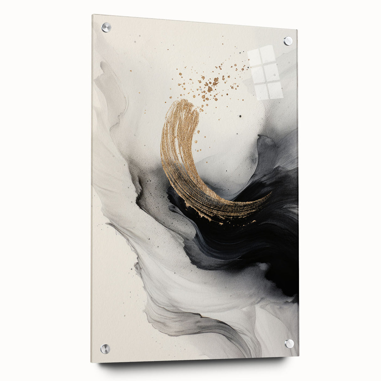 Acrylic glass wall art featuring an abstract modern design in vibrant colors, showcasing geometric patterns and mounted with stylish pins.