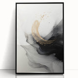 Framed abstract modern wall art collection featuring vibrant colors and geometric shapes, set against a sleek black background.